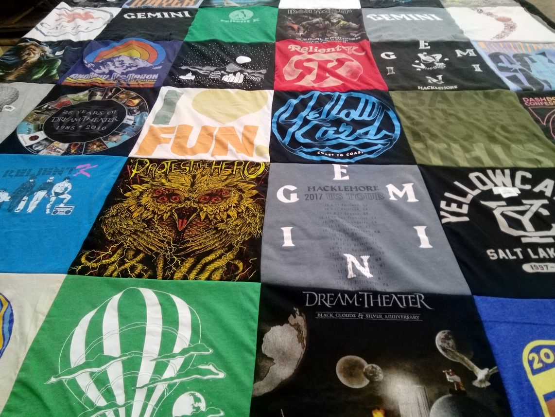 T-shirt quilt with music, concerts themes by Kabrielle from UT