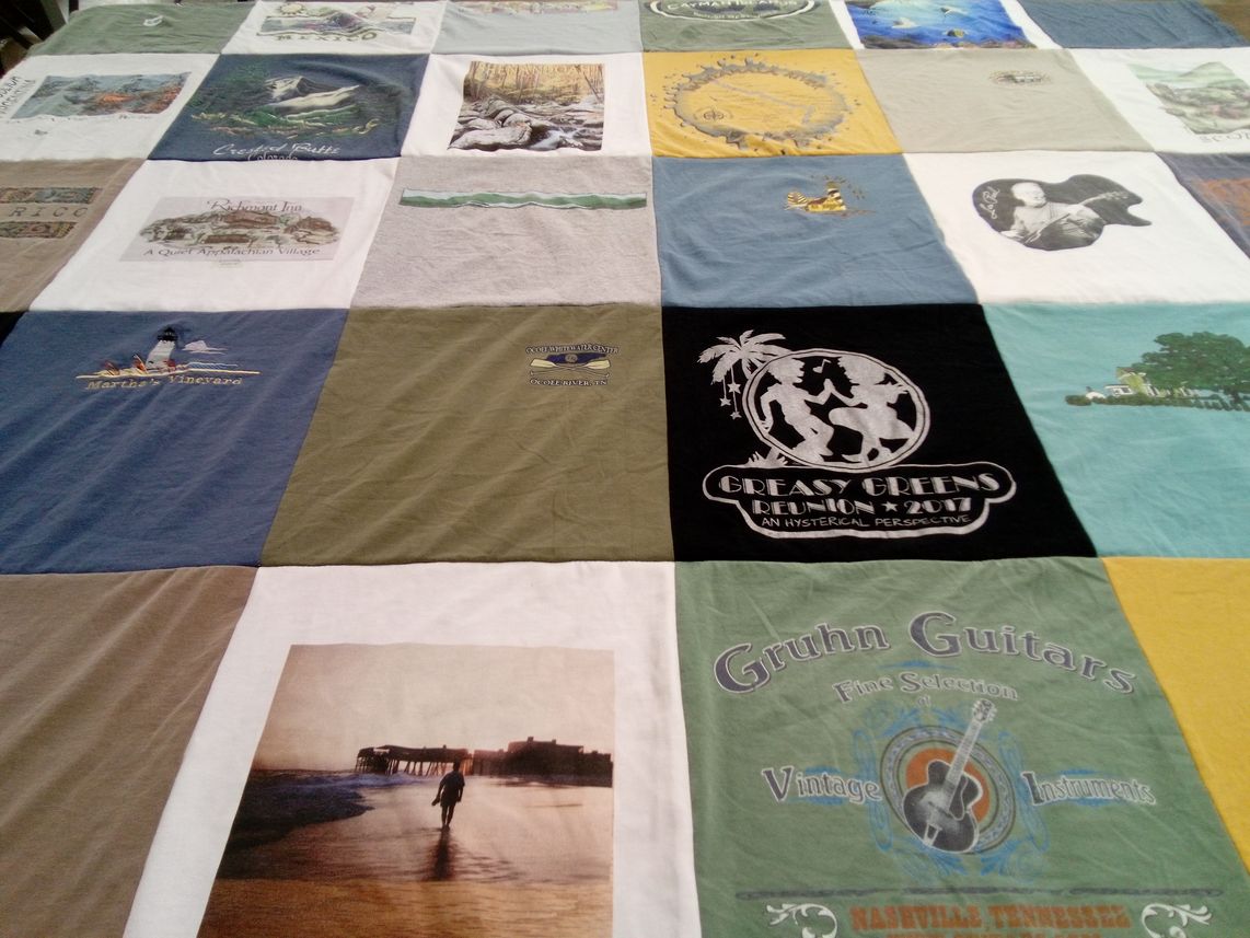 T-shirt quilt with music, travel themes by Jo Ann from AR