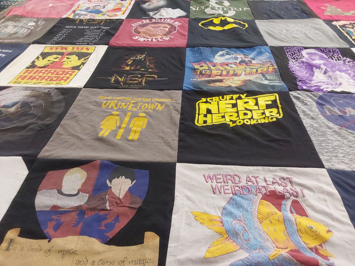 T-shirt quilt with theater, science fiction themes by Taryn from NY