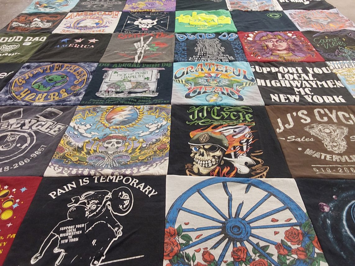 T-shirt quilt with motorcycling, music themes by Eileen from NY