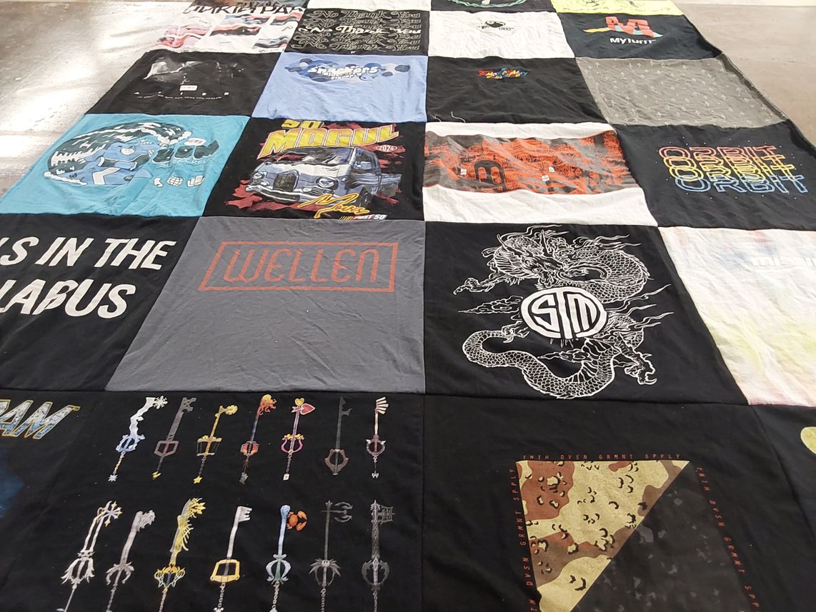 T-shirt quilt with graphic design, music themes by Rahmon from CA