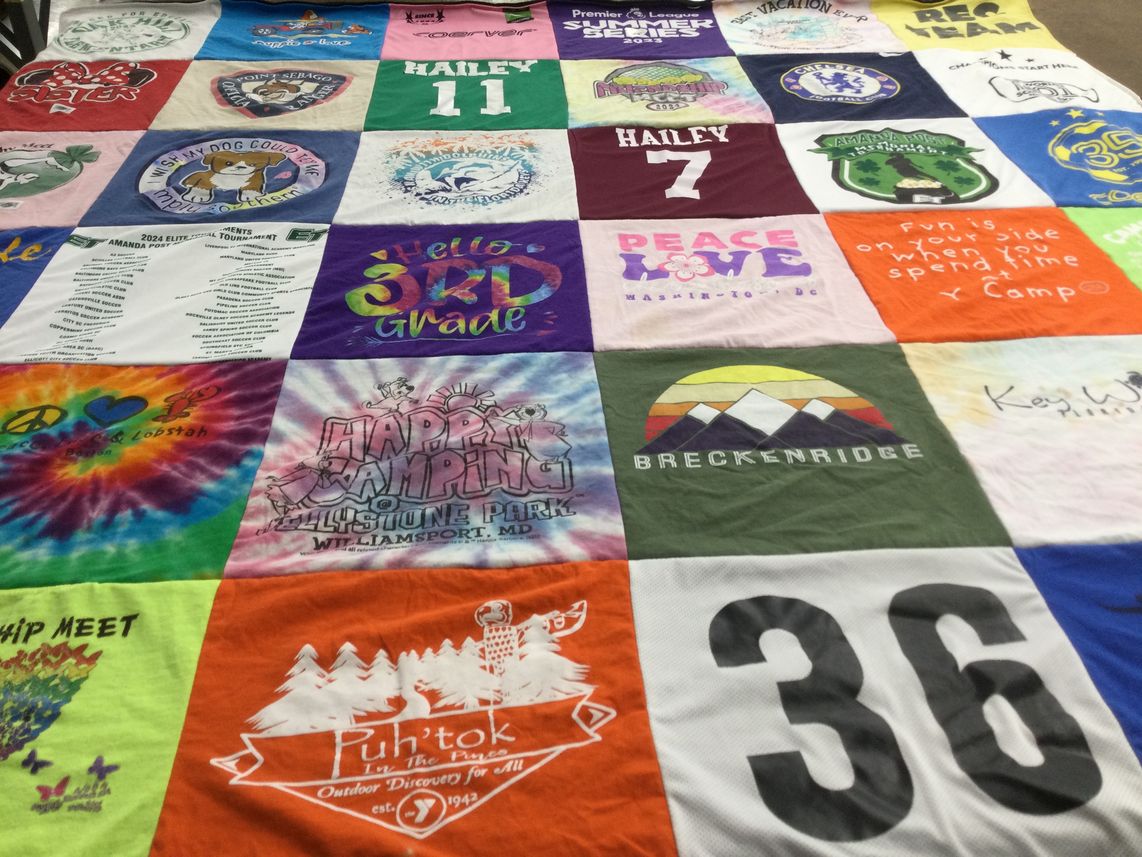 T-shirt quilt with camping, outdoor activities themes by Jennifer from MD