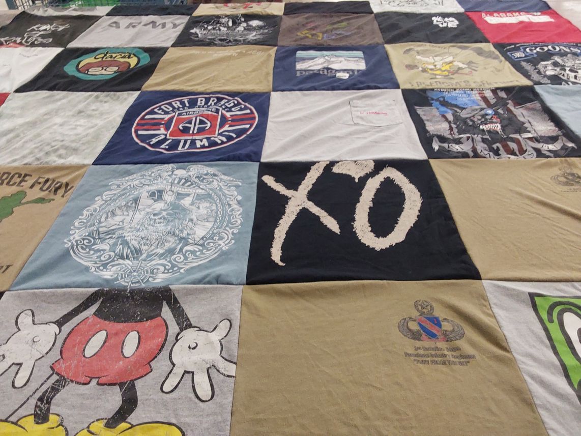 T-shirt quilt with military, cartoons themes by Mariela from NY