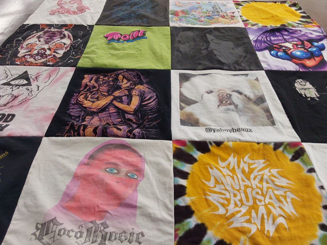 T-shirt quilt with art, music themes by Stacie from LA