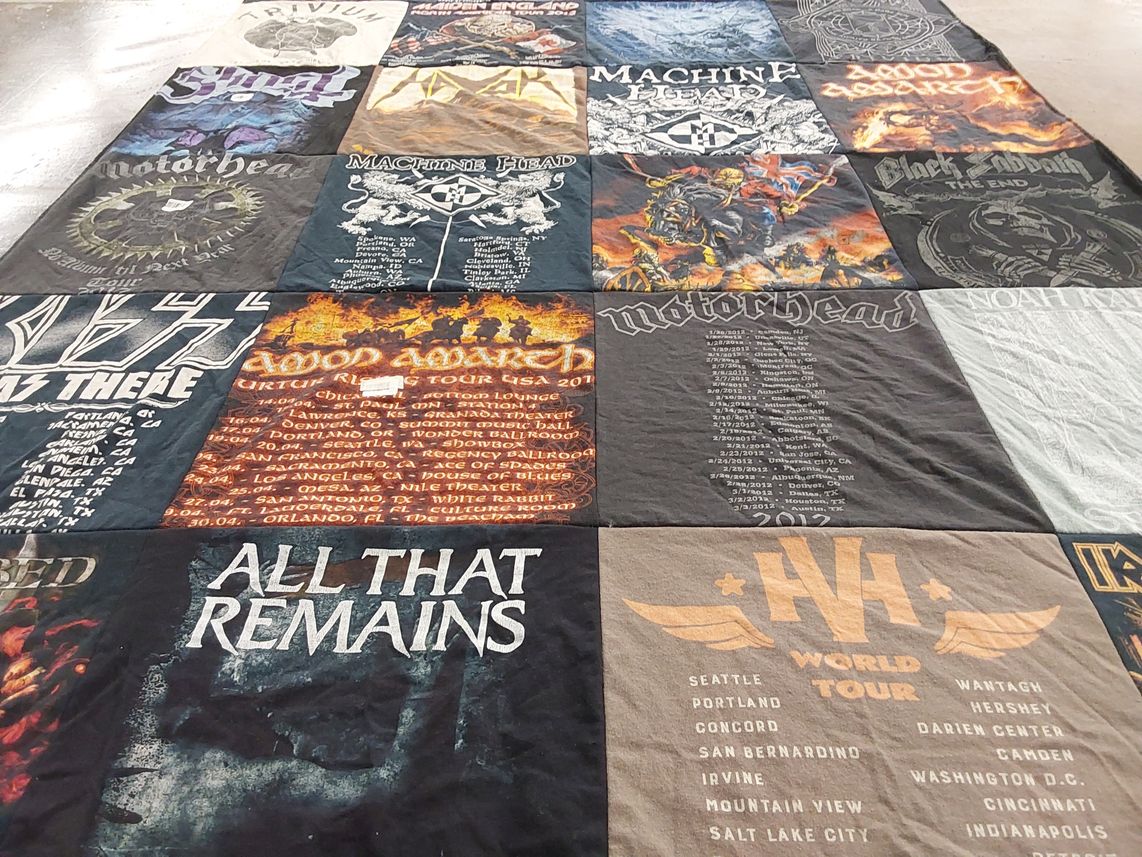 T-shirt quilt with music, rock themes by Drew from OR