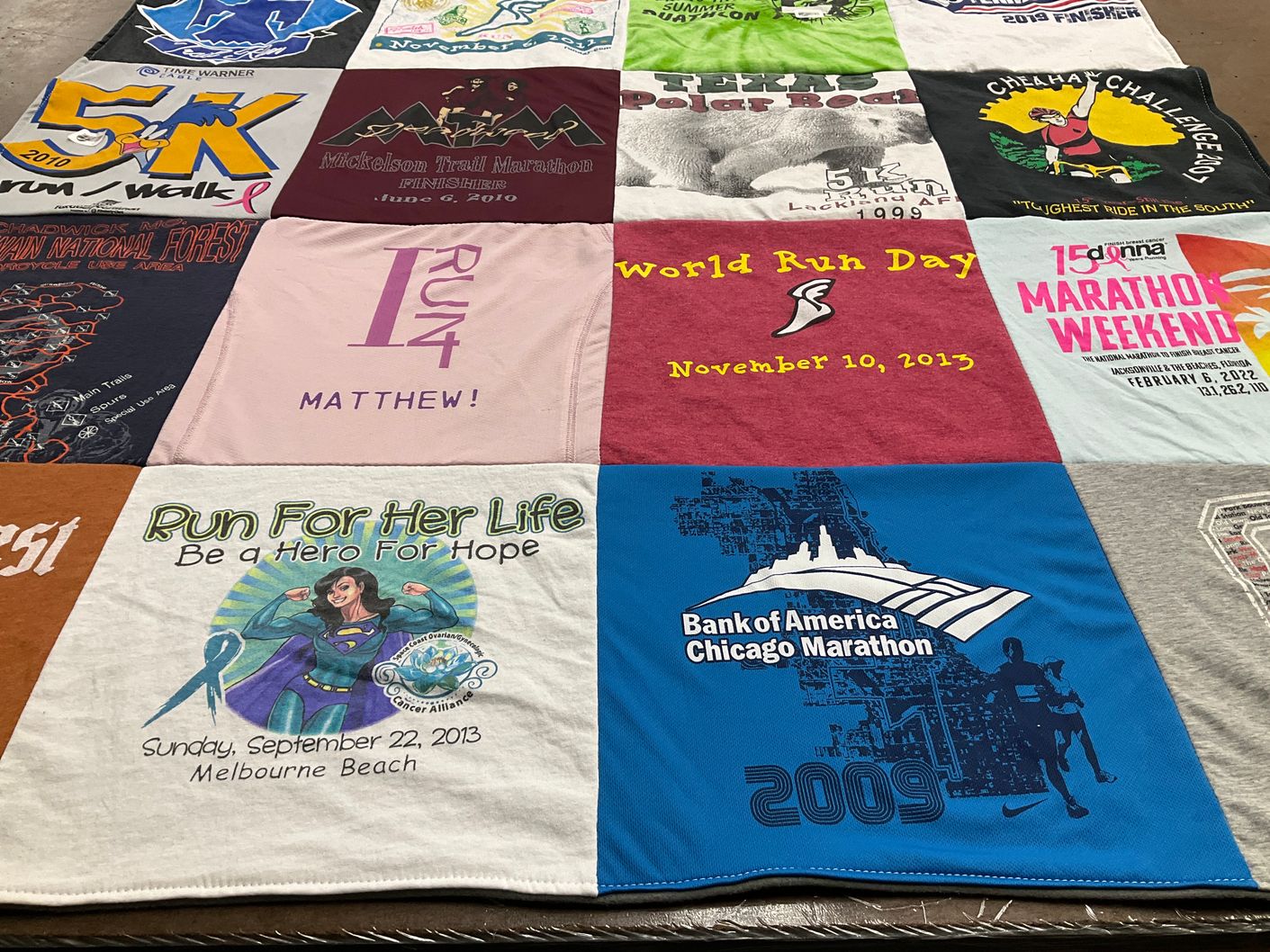 T-shirt quilt with running, marathons themes by Miriam from FL