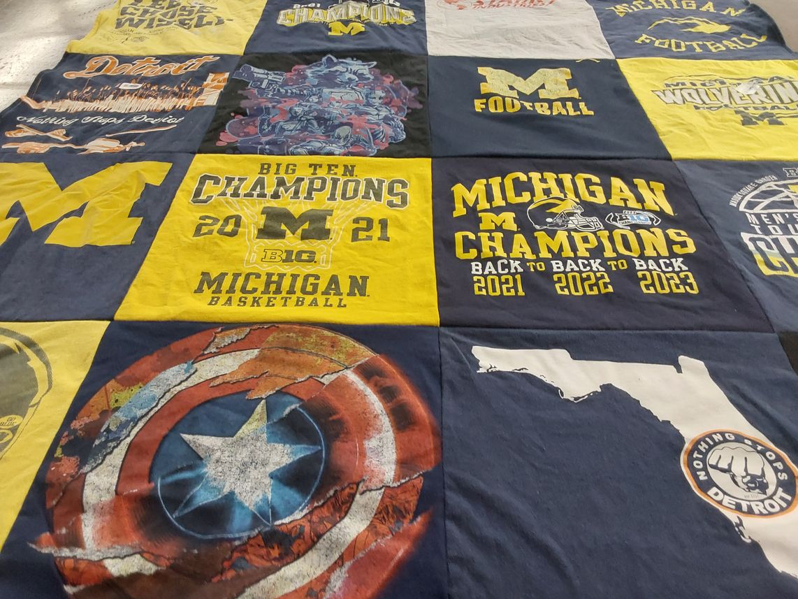 T-shirt quilt featuring michigan wolverines football, michigan wolverines basketball by Michelle from IL