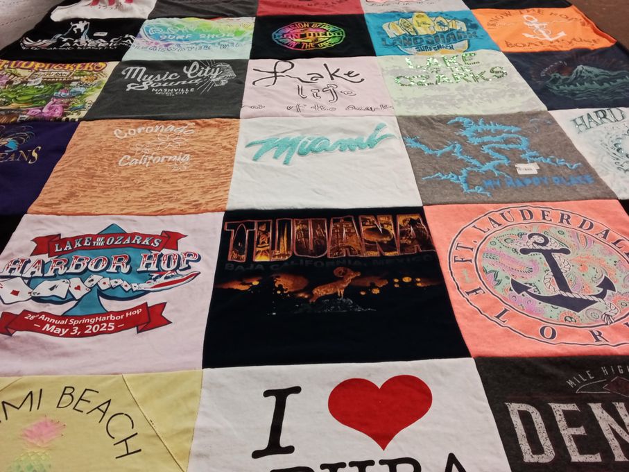 T-shirt quilt with travel, beach themes by Rachel from MO