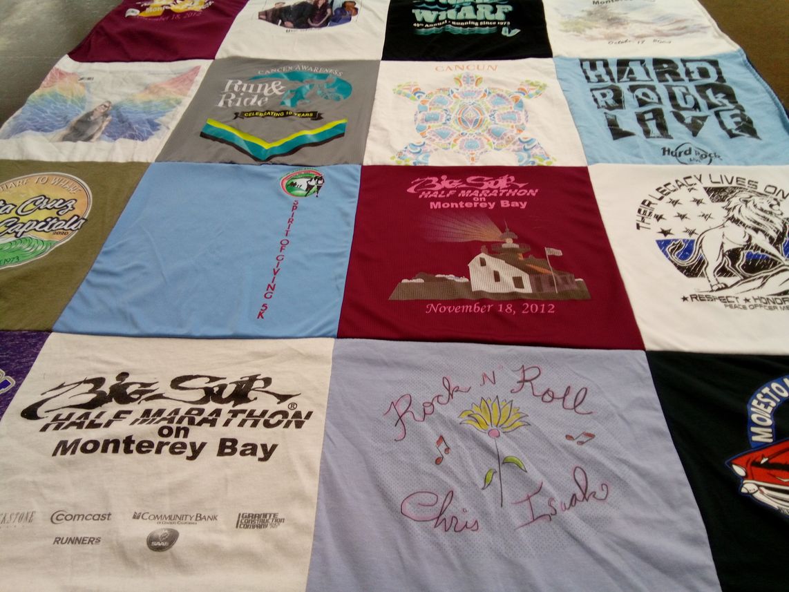 T-shirt quilt with running, music themes by Denise from CA