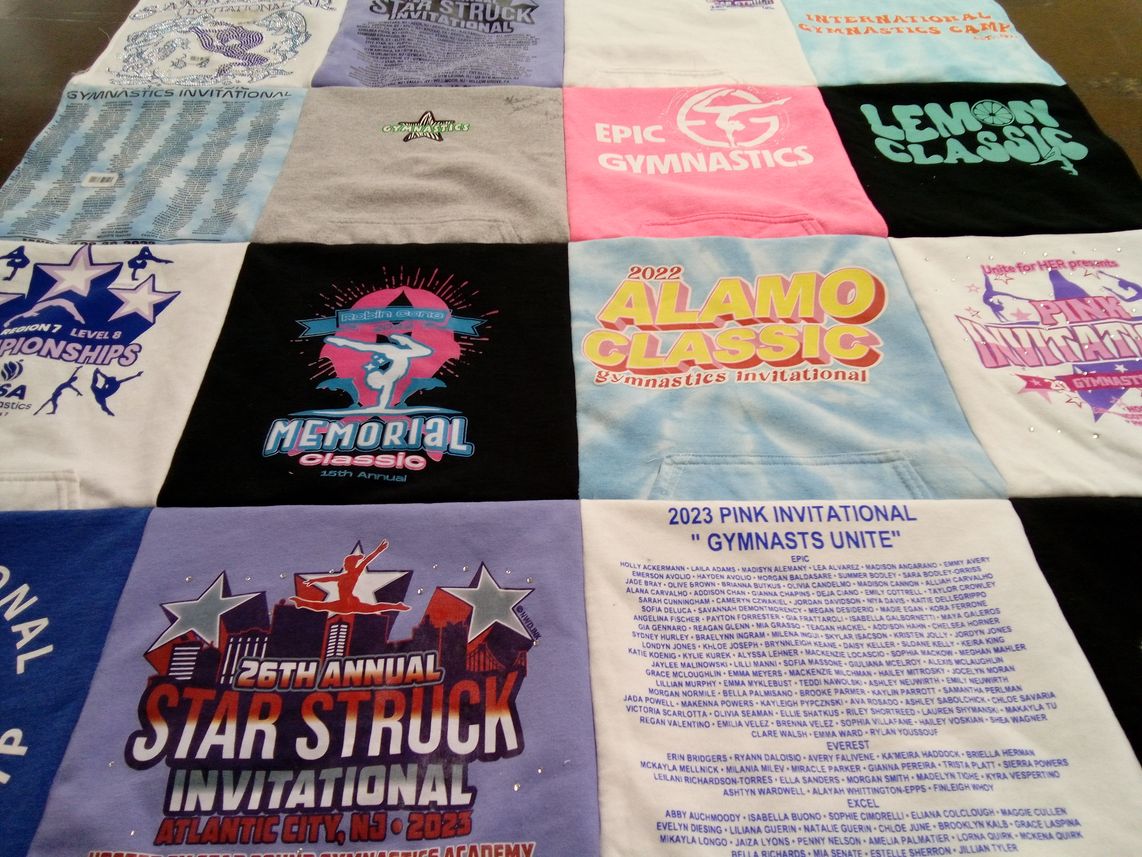 T-shirt quilt with gymnastics, competitions themes by Jennifer from PA