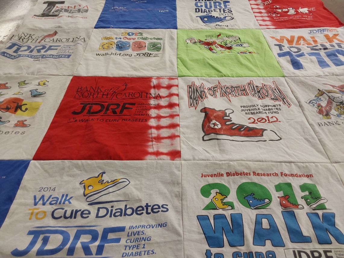 T-shirt quilt with diabetes awareness, fundraising themes by David from NC