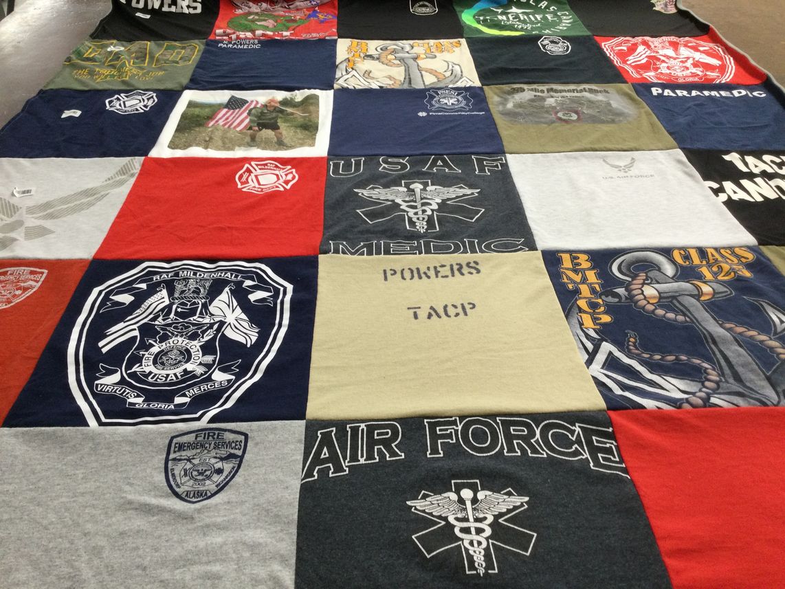 T-shirt quilt with emergency services, firefighting themes by Alexandria from TN
