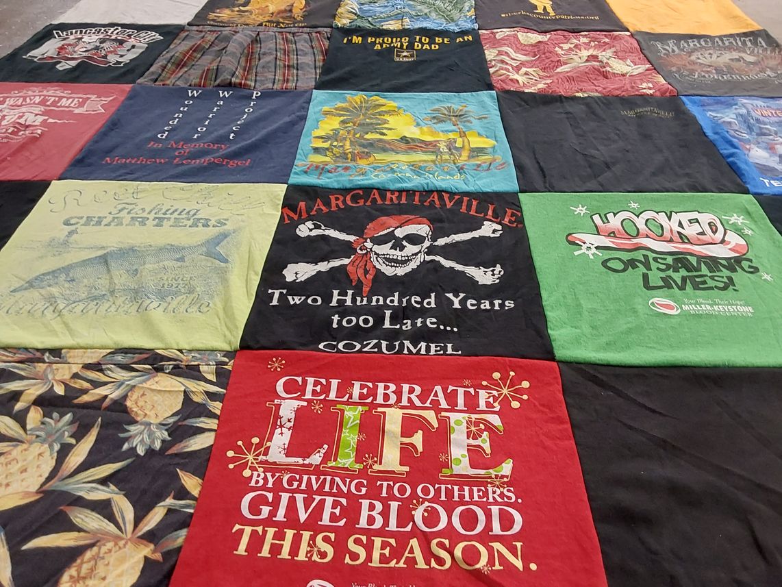 T-shirt quilt with fishing, charity themes by Timothy from PA