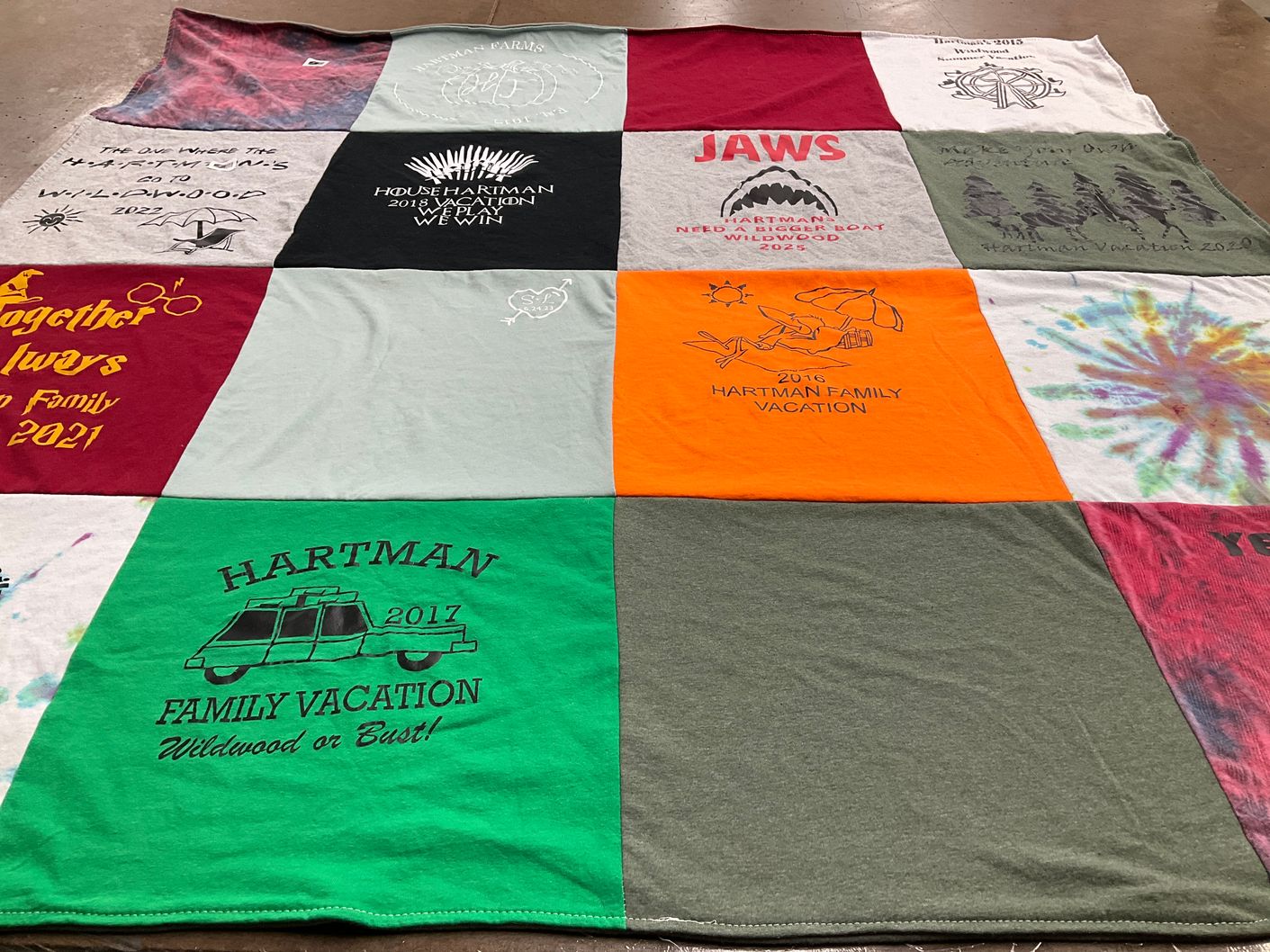 T-shirt quilt with family, vacation themes by Paige from PA