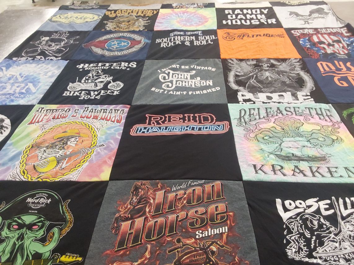 T-shirt quilt with biking, motorcycles themes by Jenna from VA