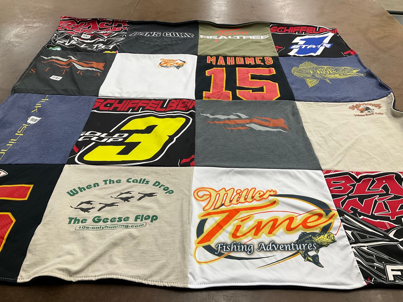 T-shirt quilt with fishing, hunting themes by Shannon from KS