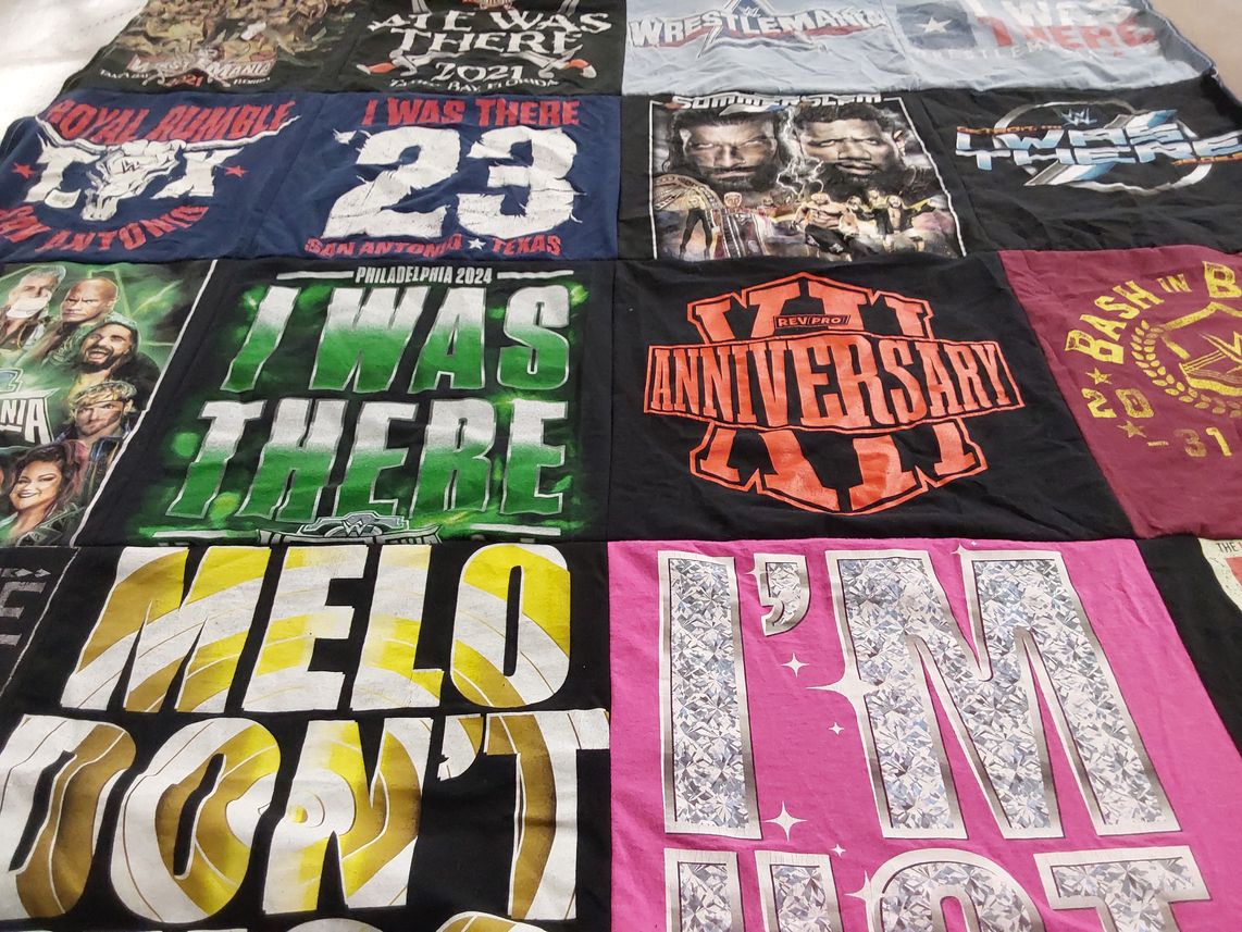 T-shirt quilt with professional wrestling themes by Wyatt from WI