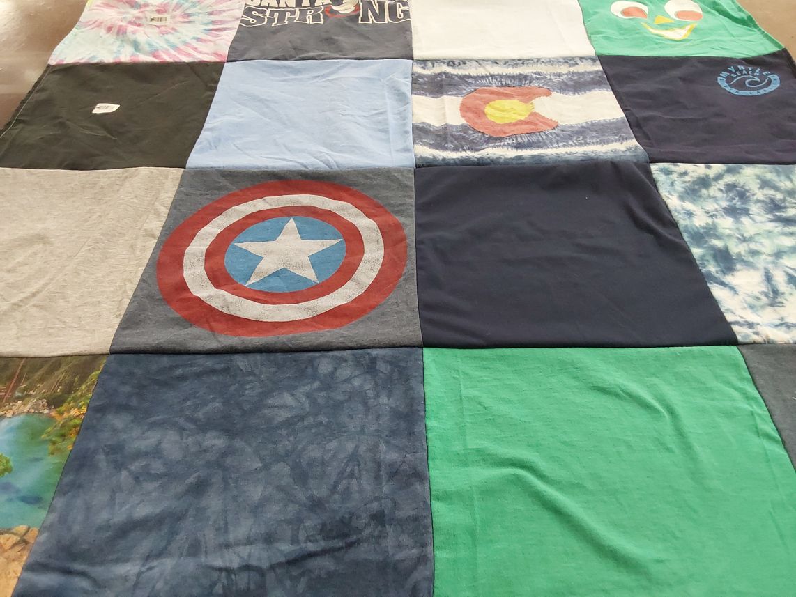 T-shirt quilt with superheroes, nature themes by Dawn from CA