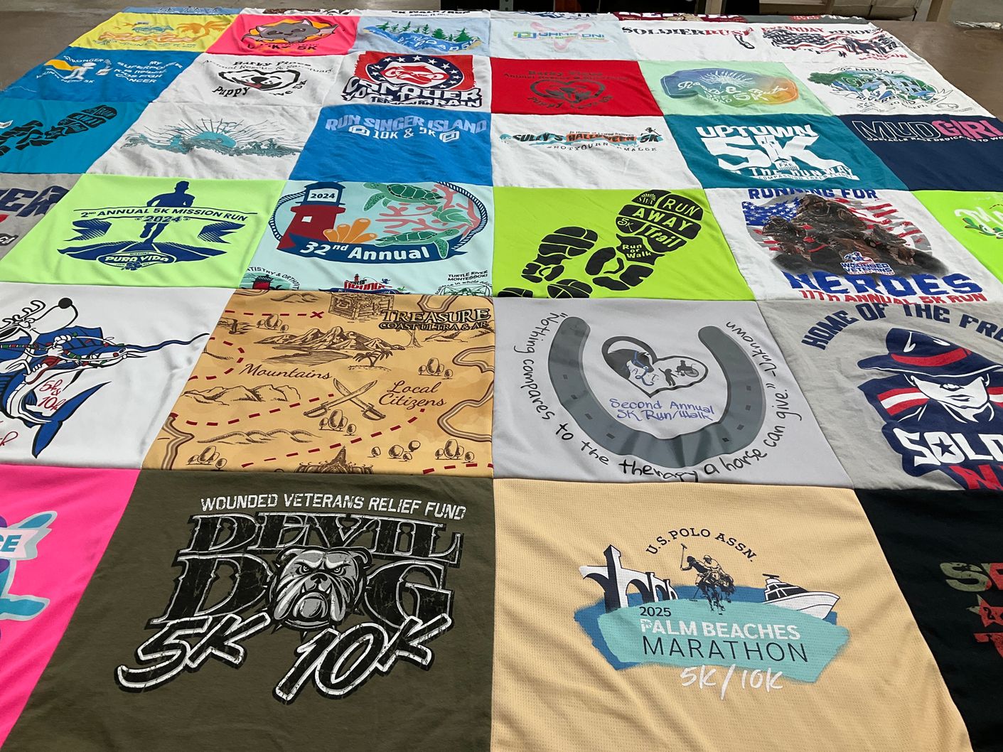 T-shirt quilt with running, veterans themes by Colleen from FL