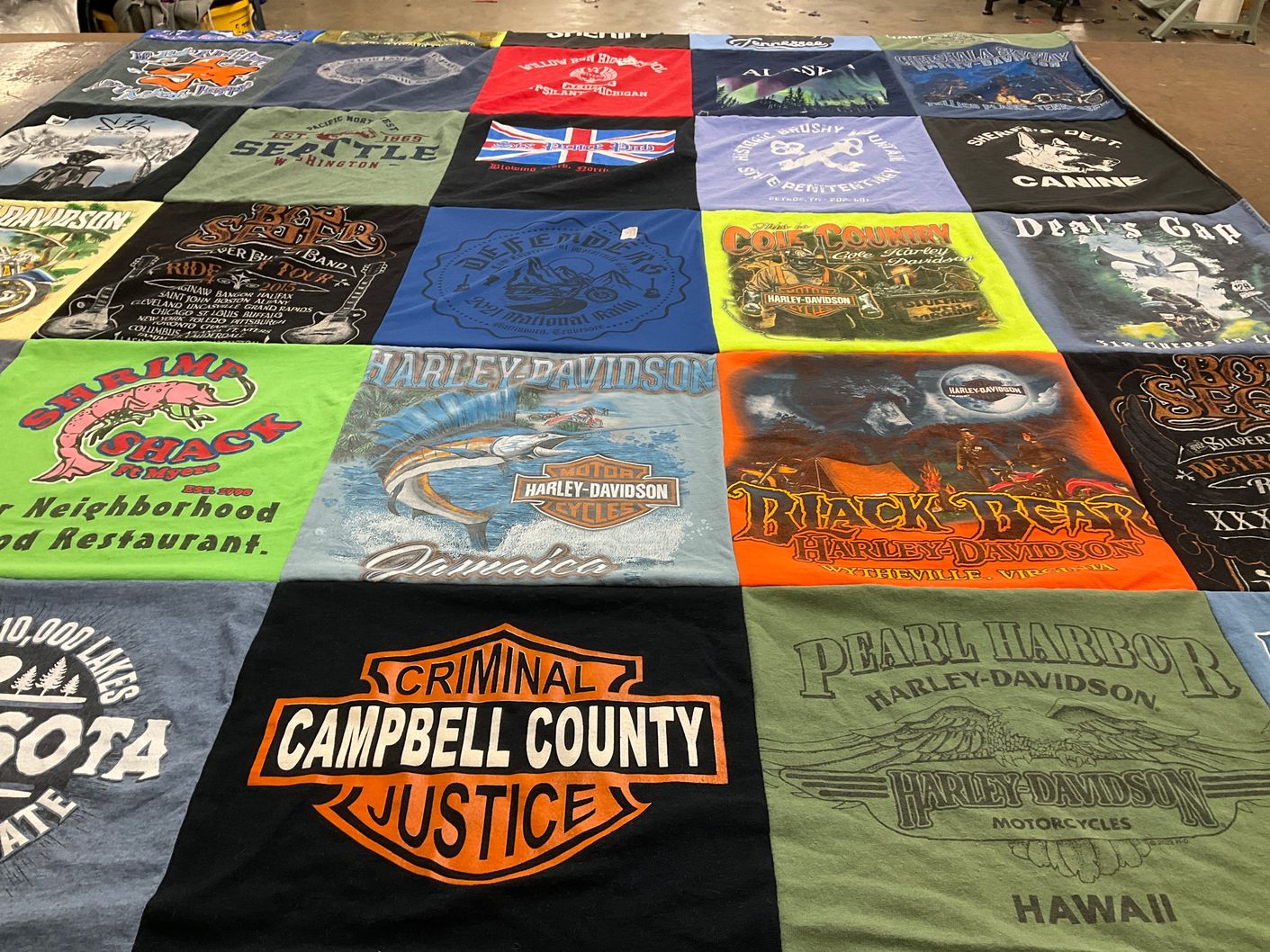 T-shirt quilt with motorcycles, music themes by Robert from TN