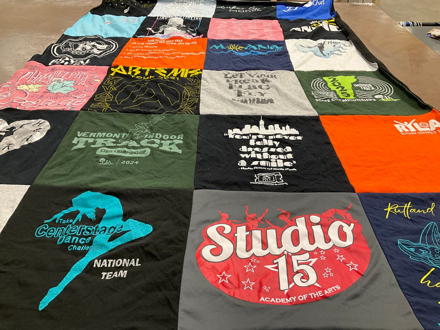T-shirt quilt with dance, sports themes by Torrance from VT