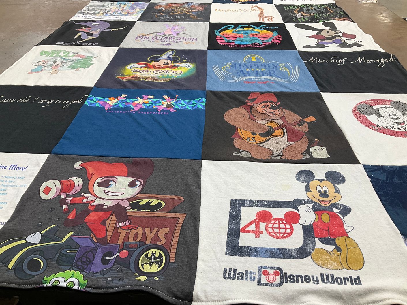 T-shirt quilt with disney, animation themes by Wayne from CA