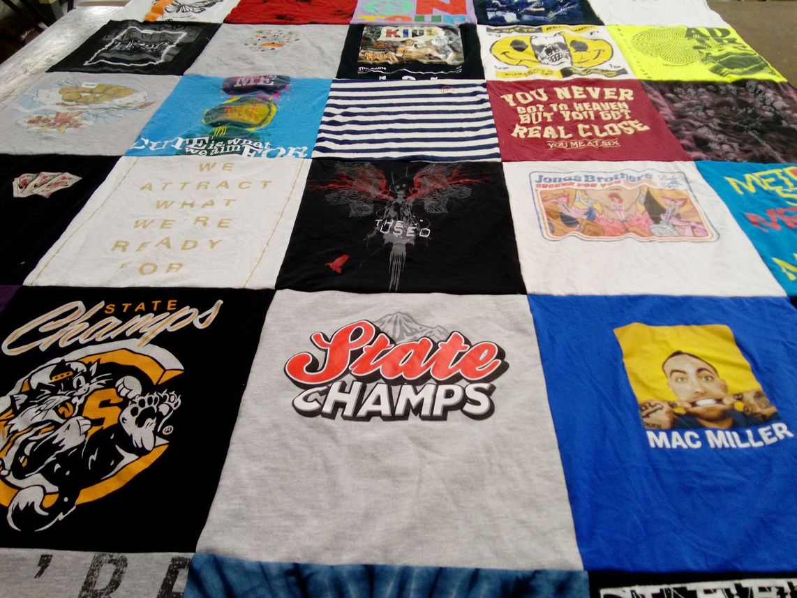 T-shirt quilt with music, sports themes by Alexis from AZ