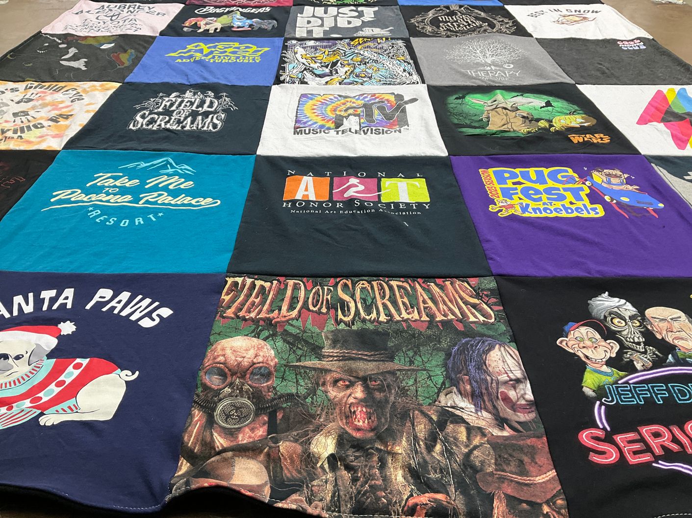 T-shirt quilt with horror, pets themes by Jennifer from PA