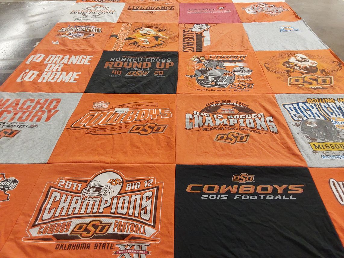 T-shirt quilt featuring oklahoma state university cowboys by Emma from VA