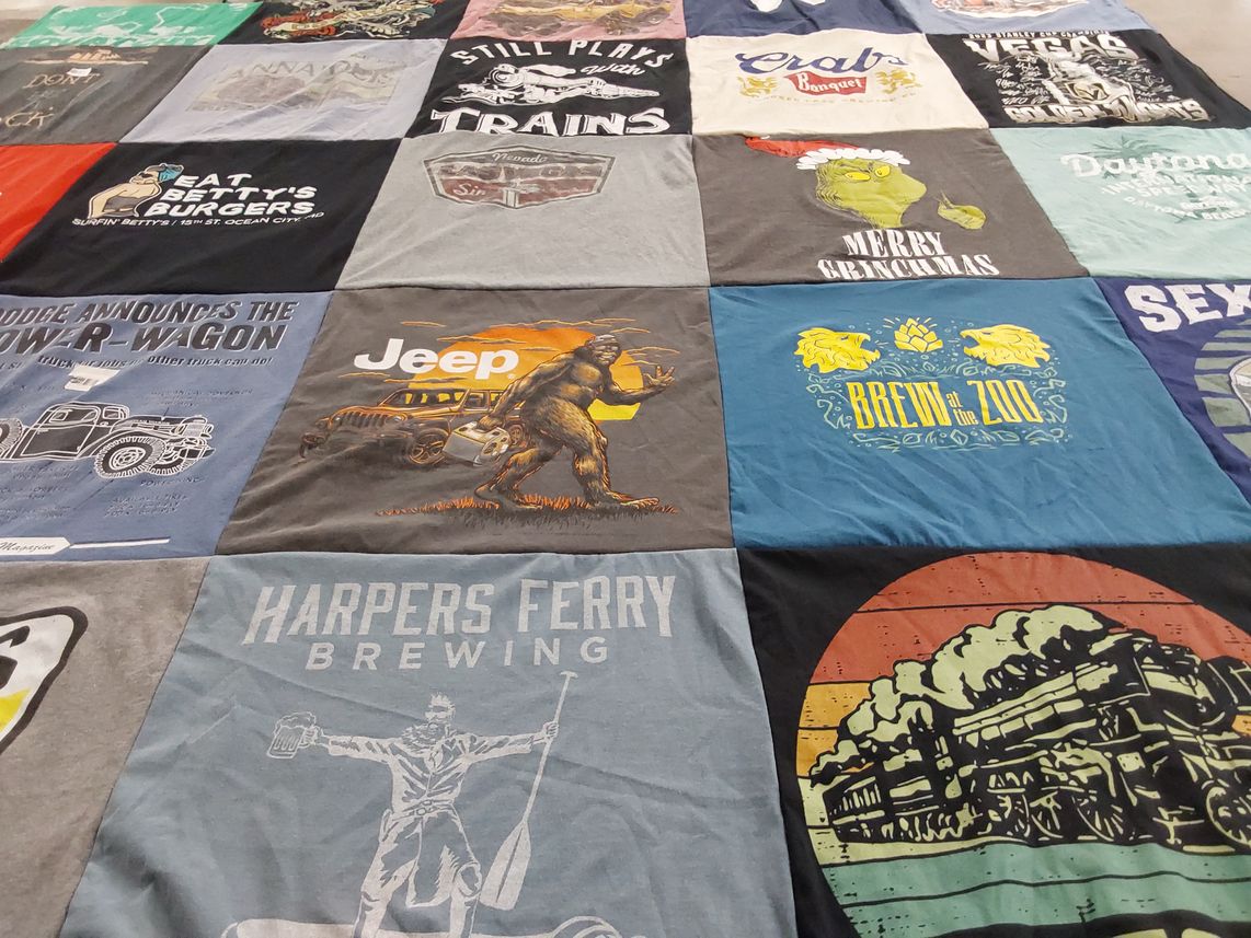 T-shirt quilt with breweries, food themes by Ella from MD