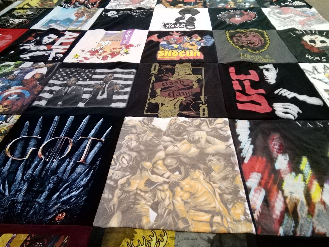 T-shirt quilt with gaming, martial arts themes by Andrea from NV