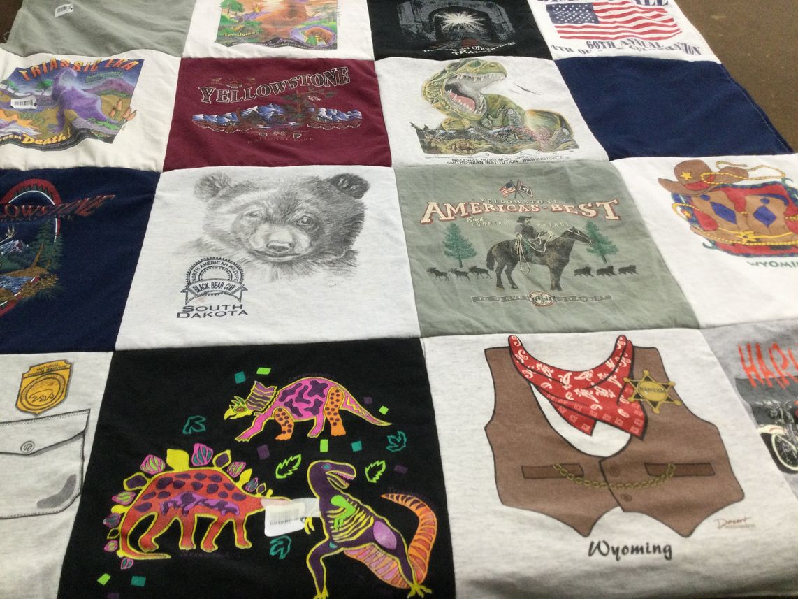 T-shirt quilt with national parks, dinosaurs themes by Nancy from WV