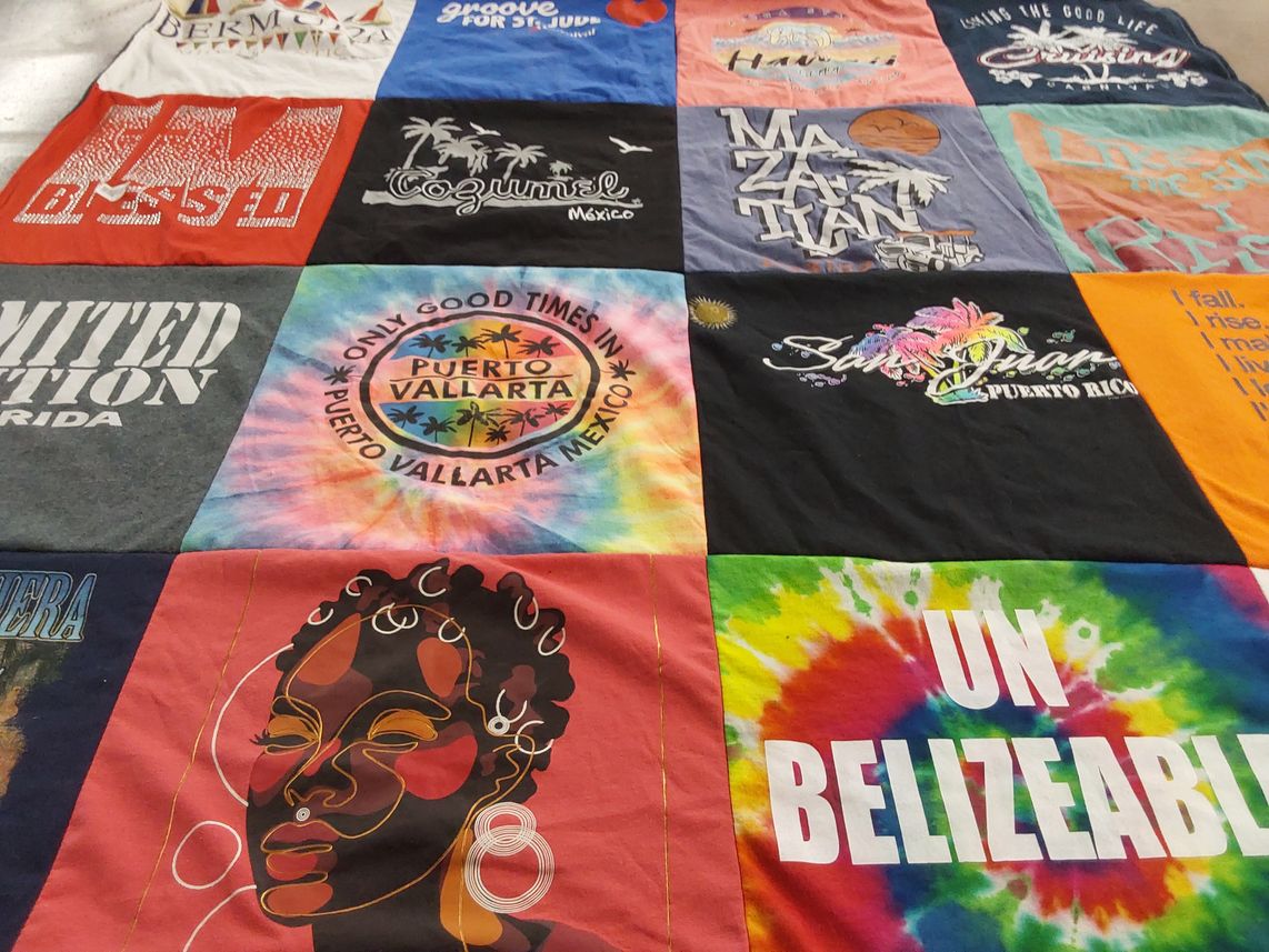 T-shirt quilt with travel, beach themes by Joyce from TN