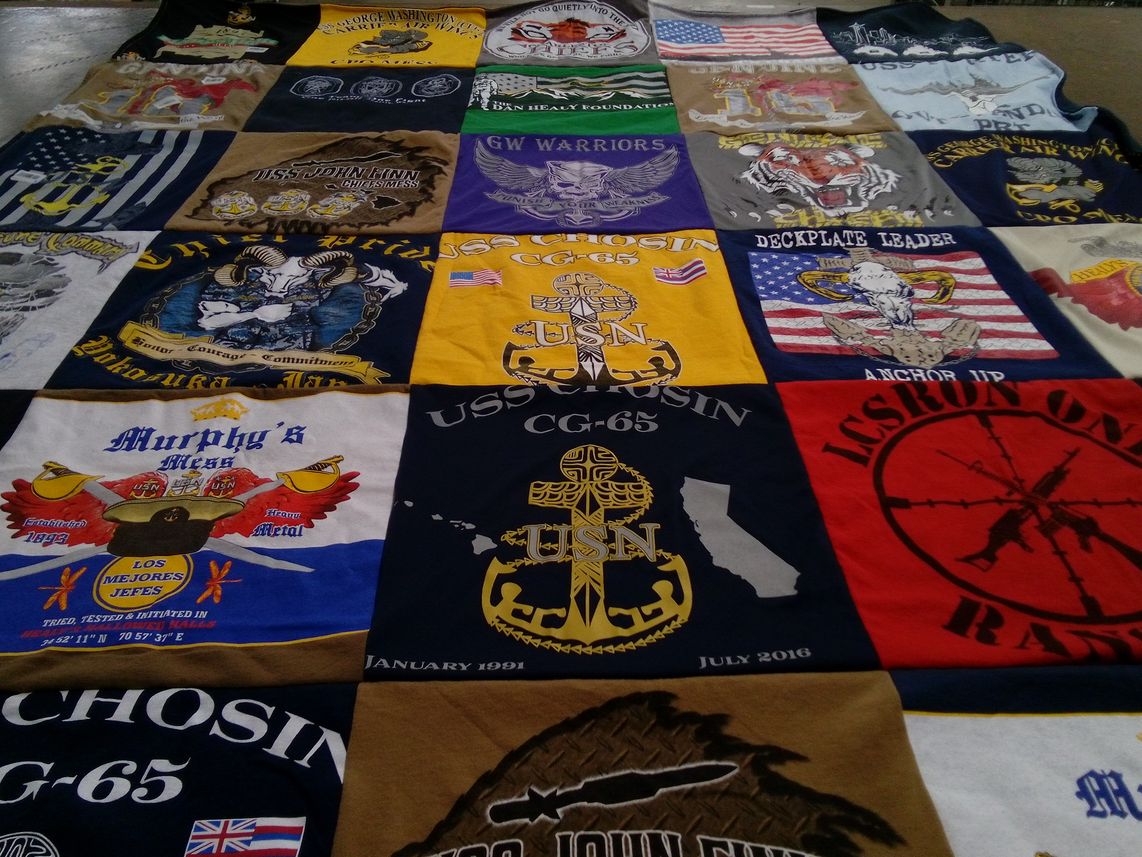T-shirt quilt with navy, military themes by Jessica from RI