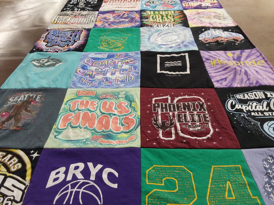 T-shirt quilt with cheerleading, dance themes by Tanya from VA