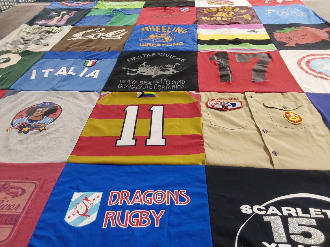 T-shirt quilt with rugby, travel themes by Paul from GA