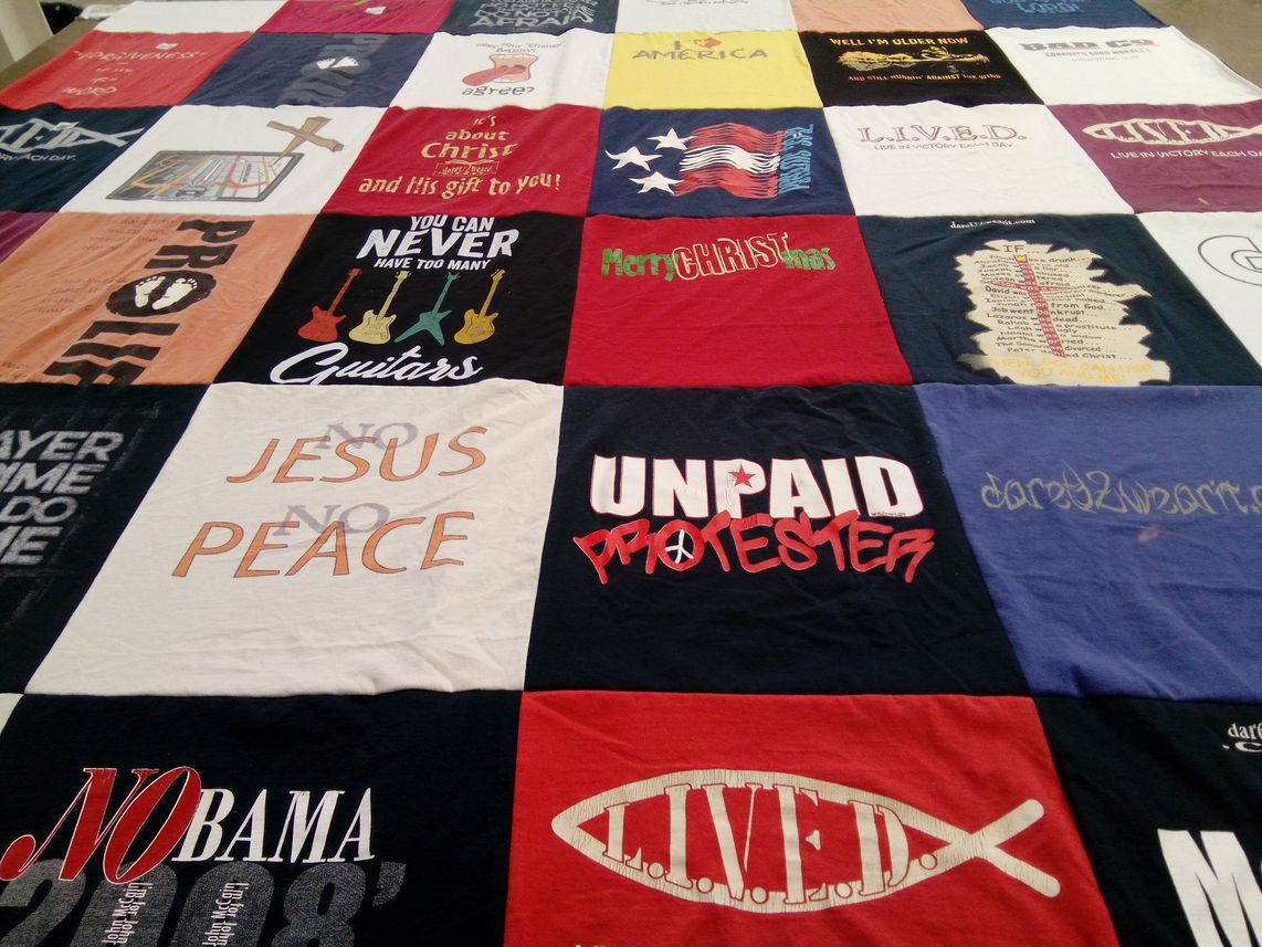 T-shirt quilt with music, religion themes by Stephen from TX