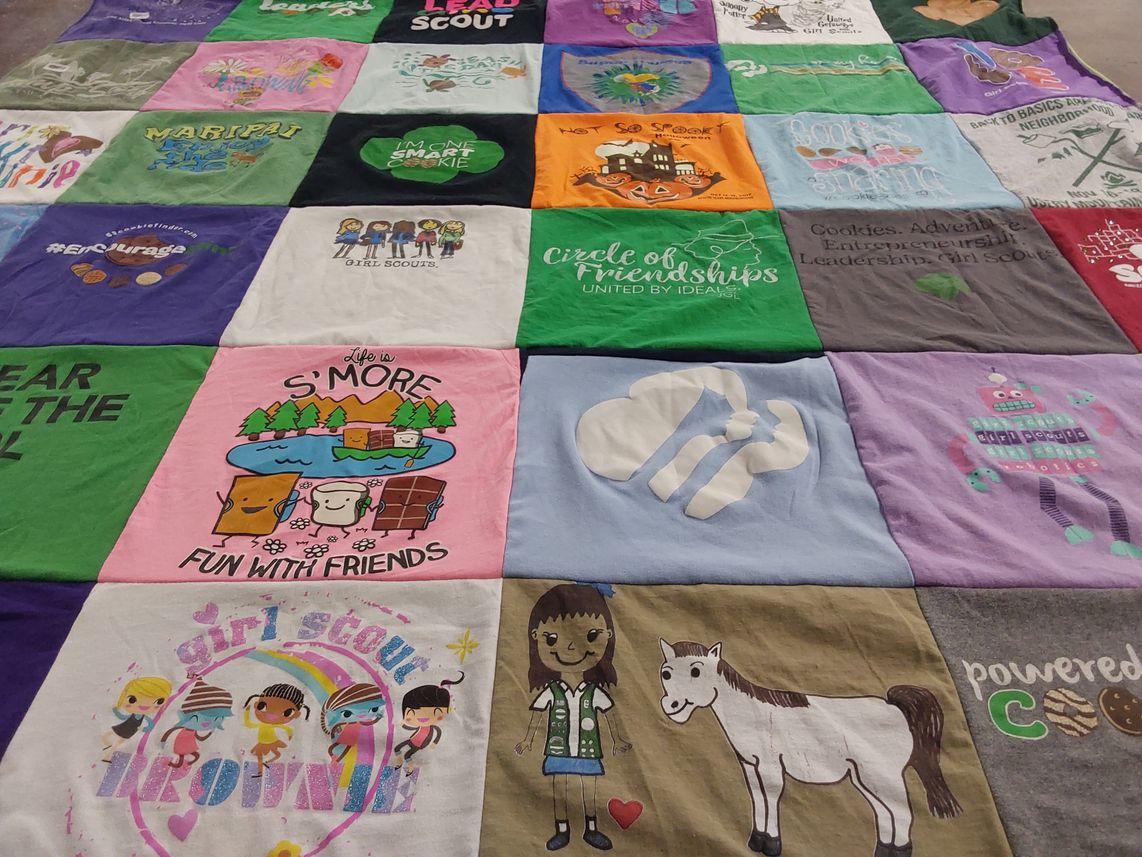 T-shirt quilt with girl scouting, camping themes by Celena from AZ