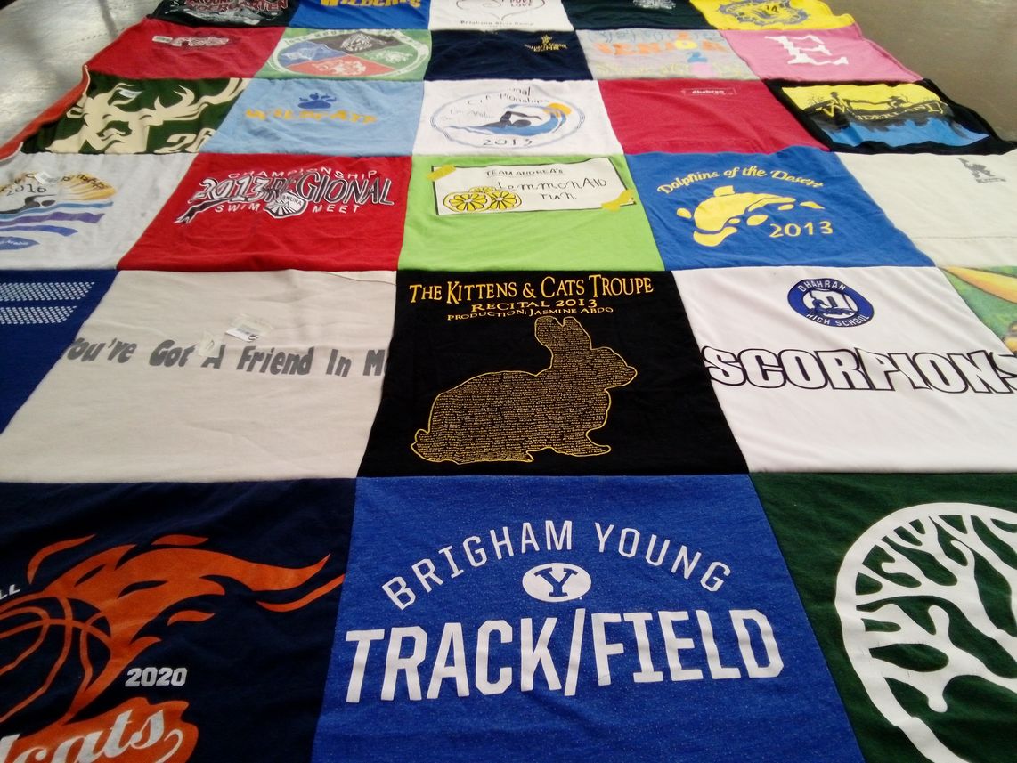 T-shirt quilt from brigham young university, bahrain high school by Lindsey from UT