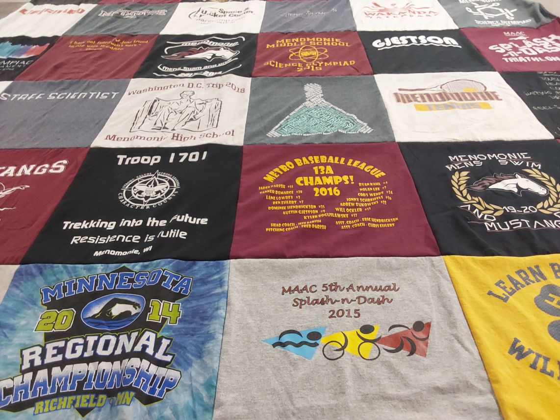T-shirt quilt featuring menomonie swim team, menomonie baseball league by Donald from WI