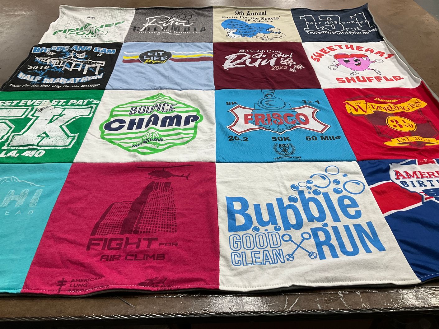T-shirt quilt with running, marathons themes by Tim from MO