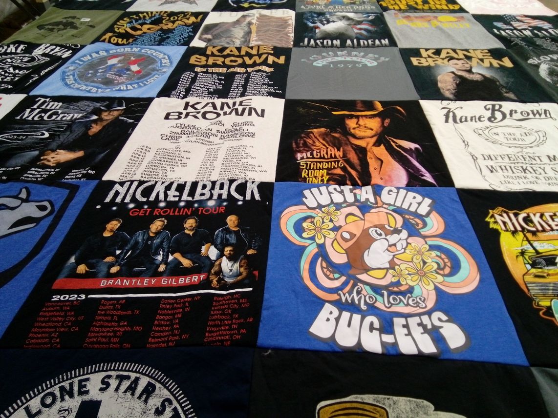 T-shirt quilt with music, concerts themes by Margo from CA