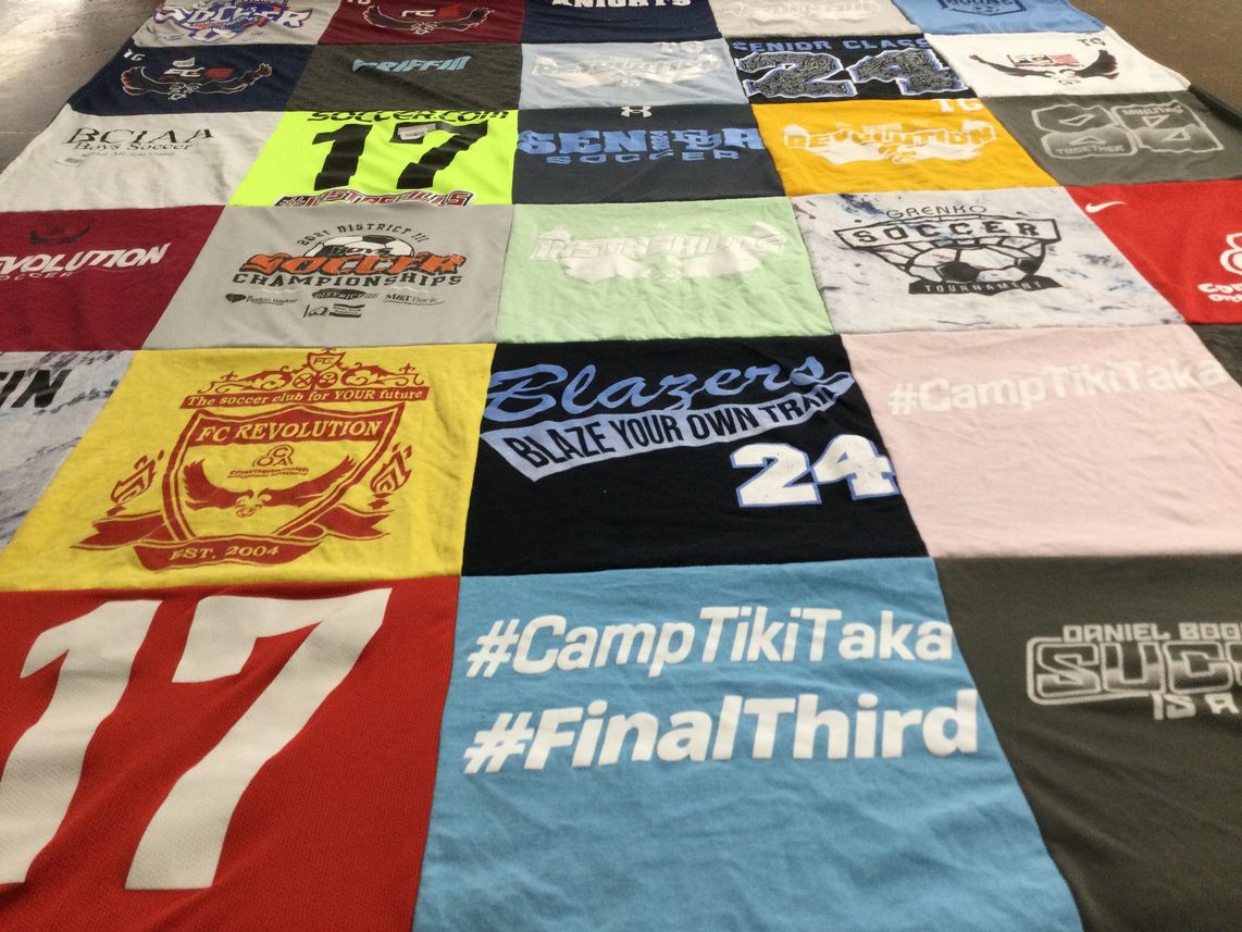 T-shirt quilt with soccer, sports themes by Vicki from PA