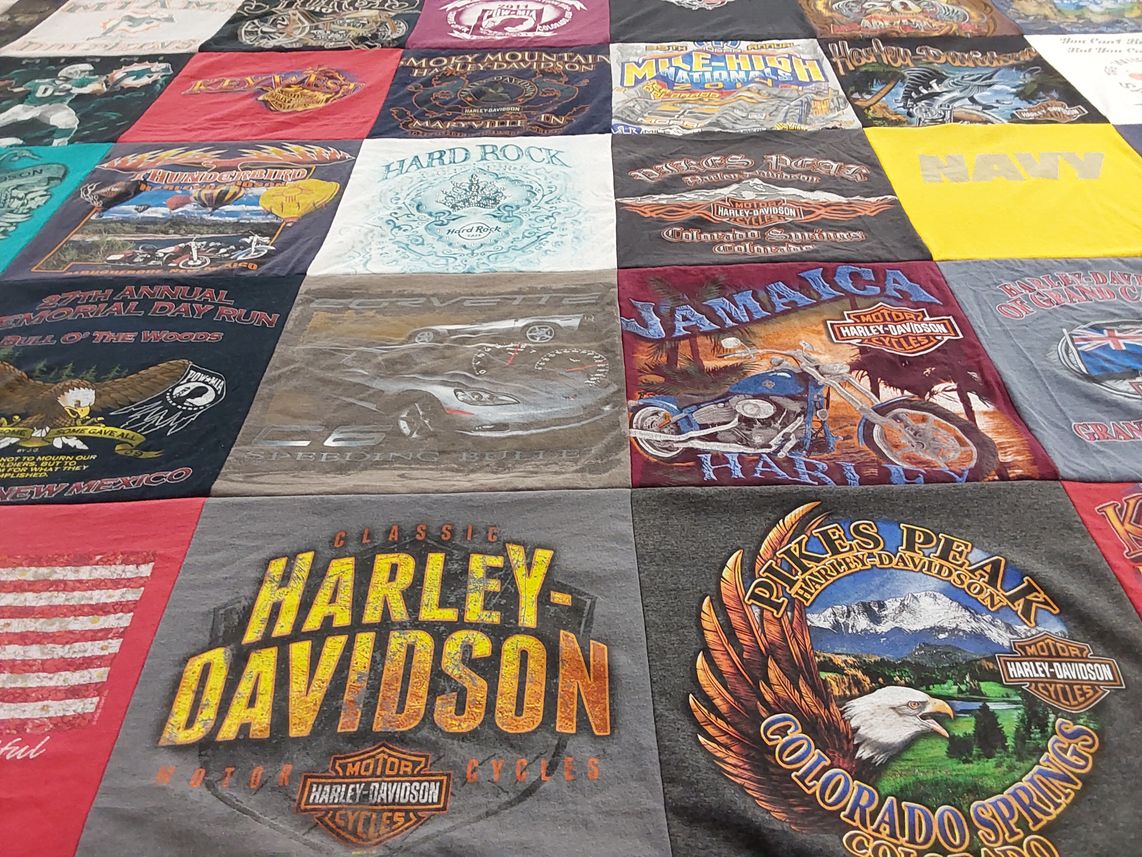 T-shirt quilt with motorcycles, biking themes by Theresa from NM