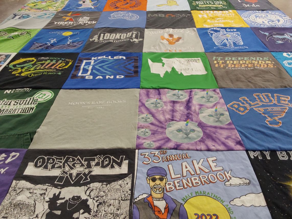 T-shirt quilt with music, marathons themes by Ashley from TX