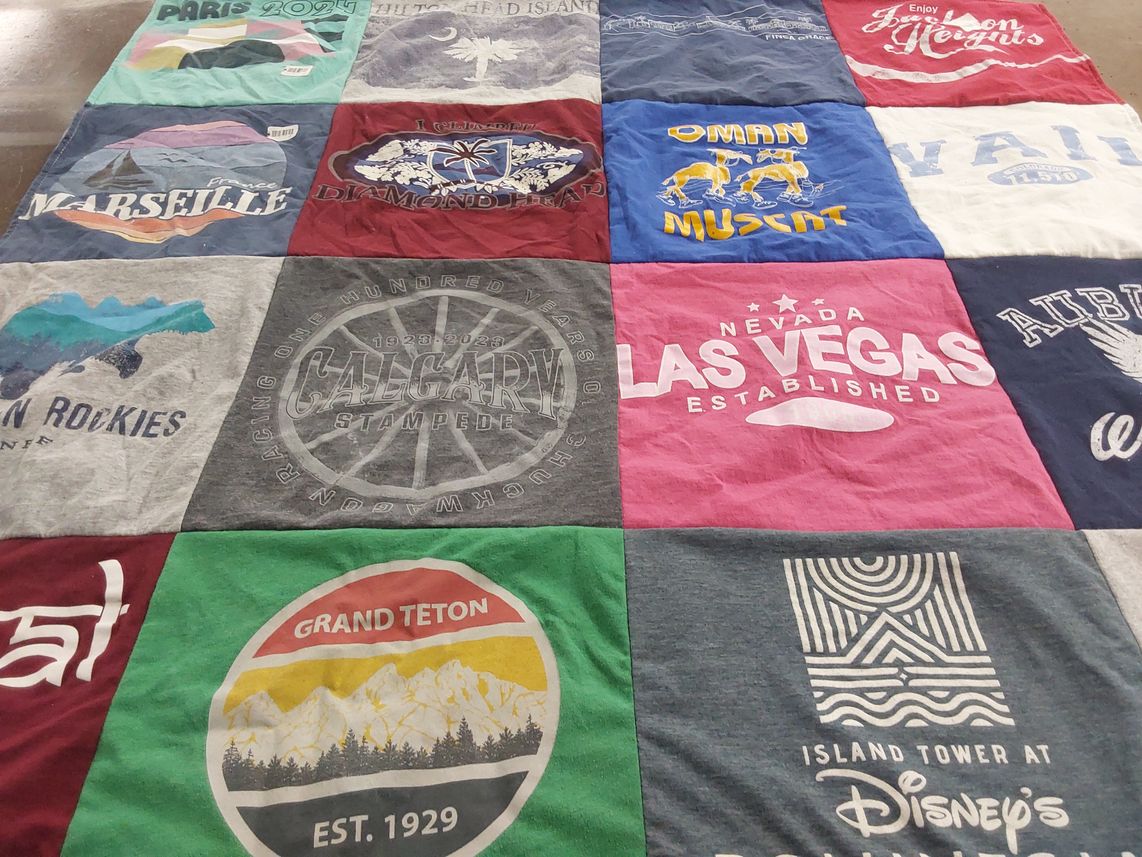 T-shirt quilt with travel, geography themes by HEATHER from AL