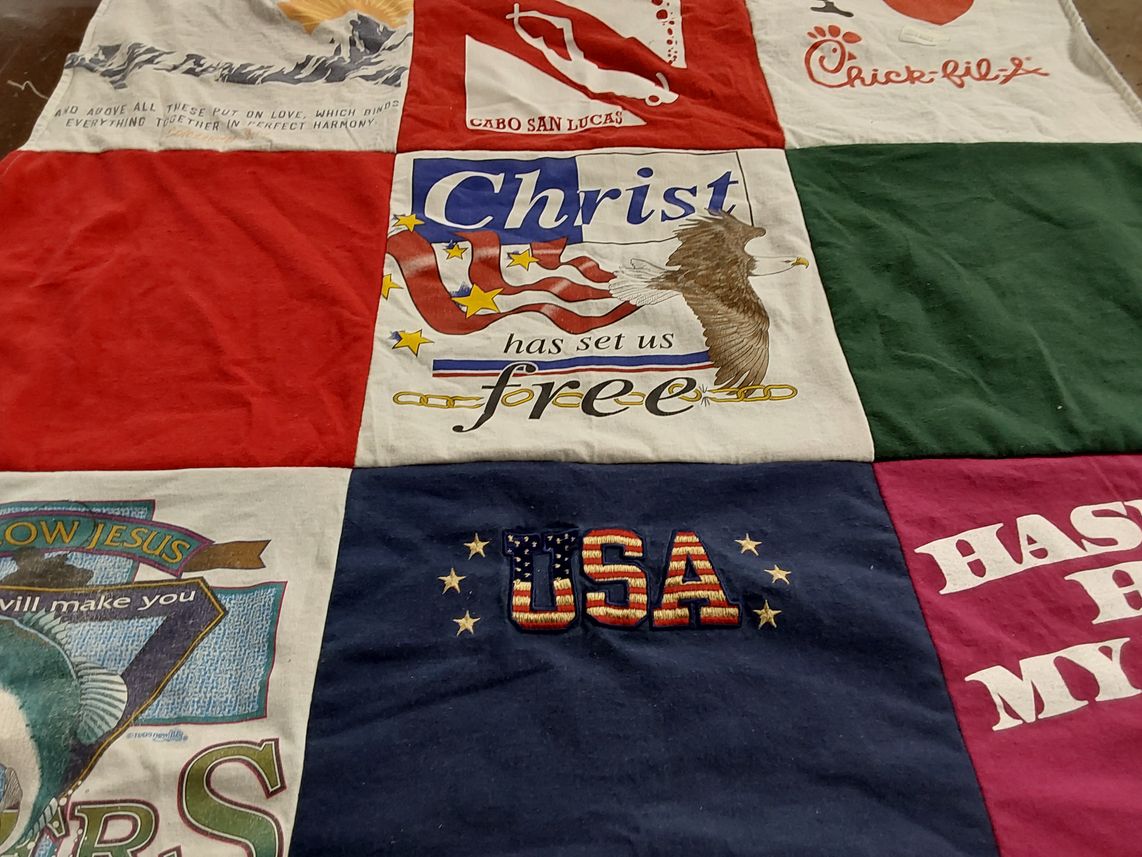T-shirt quilt with religion, patriotism themes by SAVANNAH from FL