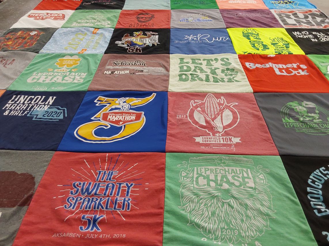 T-shirt quilt with running, marathons themes by Laurie from NE
