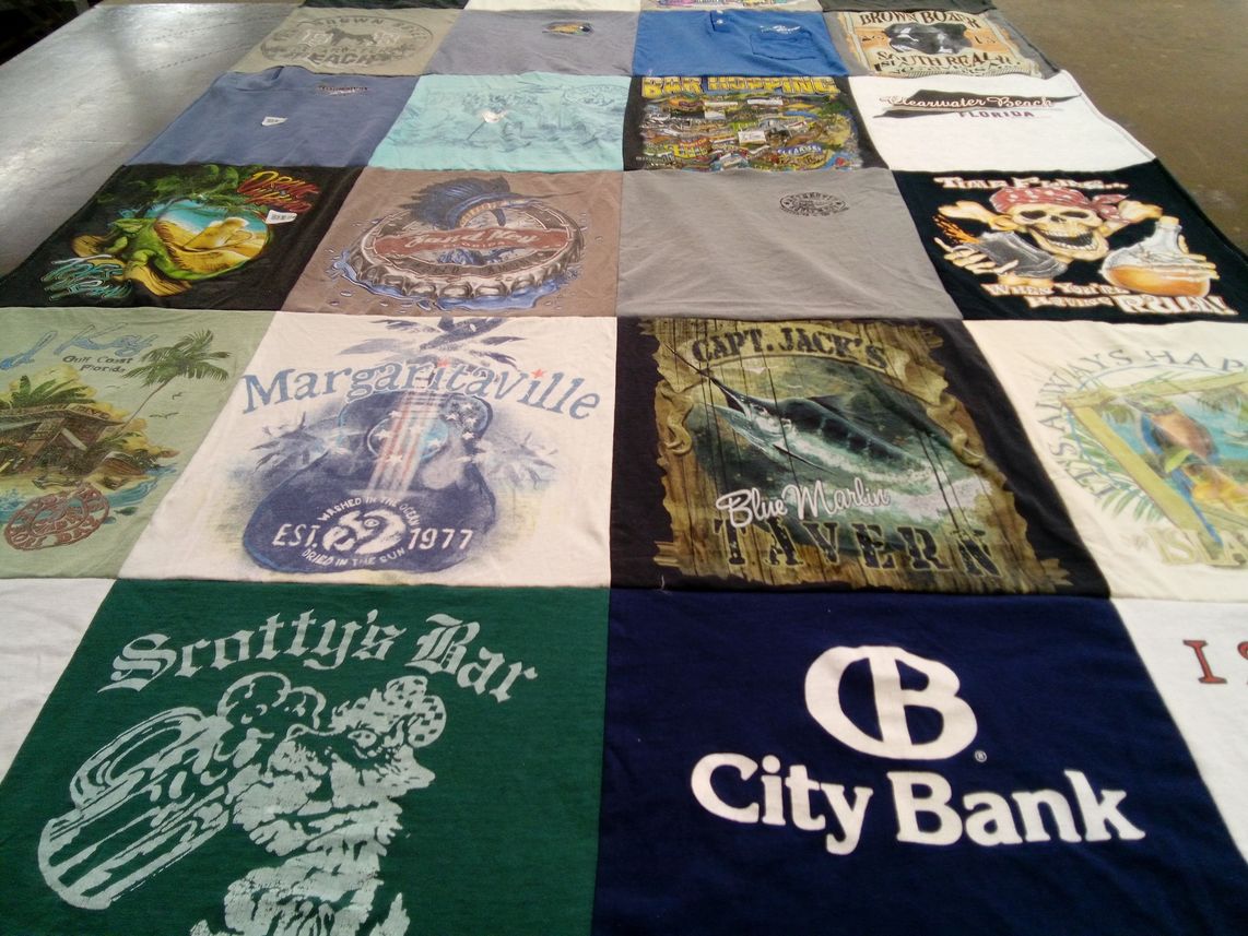 T-shirt quilt with beach, guitar themes by Jennifer from MI