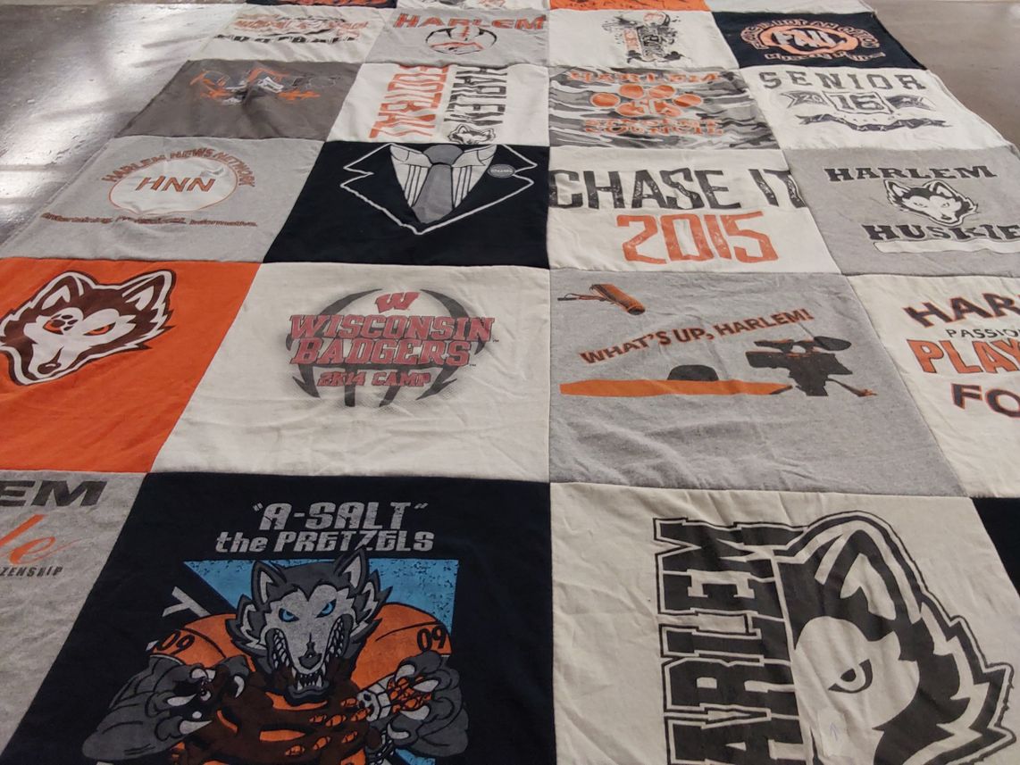 T-shirt quilt featuring harlem huskies, wisconsin badgers by Heather from IL